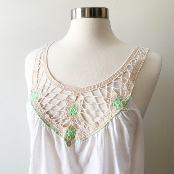 Free People Tops - Free People White Tank Lace Green Floral Small